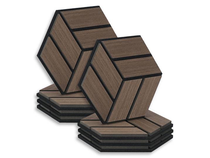 Homestyle4u Akustikpaneel Hexagon Braun 4 Stück, Holz, Sechseckig, 30x26x2 cm, Tapeten & Wandverkleidungen, Akustikpaneele