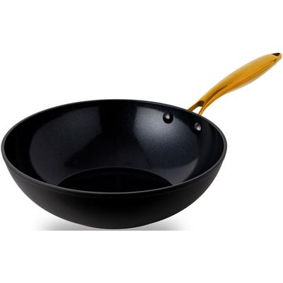 Wok HENSSLERS "HSN", schwarz, B:29cm H:8cm L:51cm Ø:28cm, Pfannen, Wok, BLACK CERAMIC Antihaftbeschichtung, goldener Edelstahlgriff, Induktion