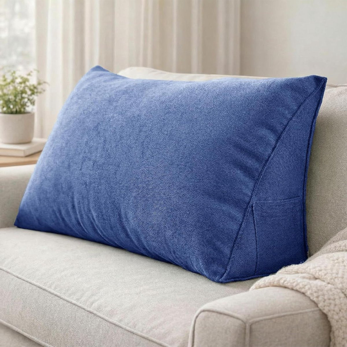 Driehoekig kussen met lendensteun voor lezen en ontspannen in diepzee blauw, 100 cm