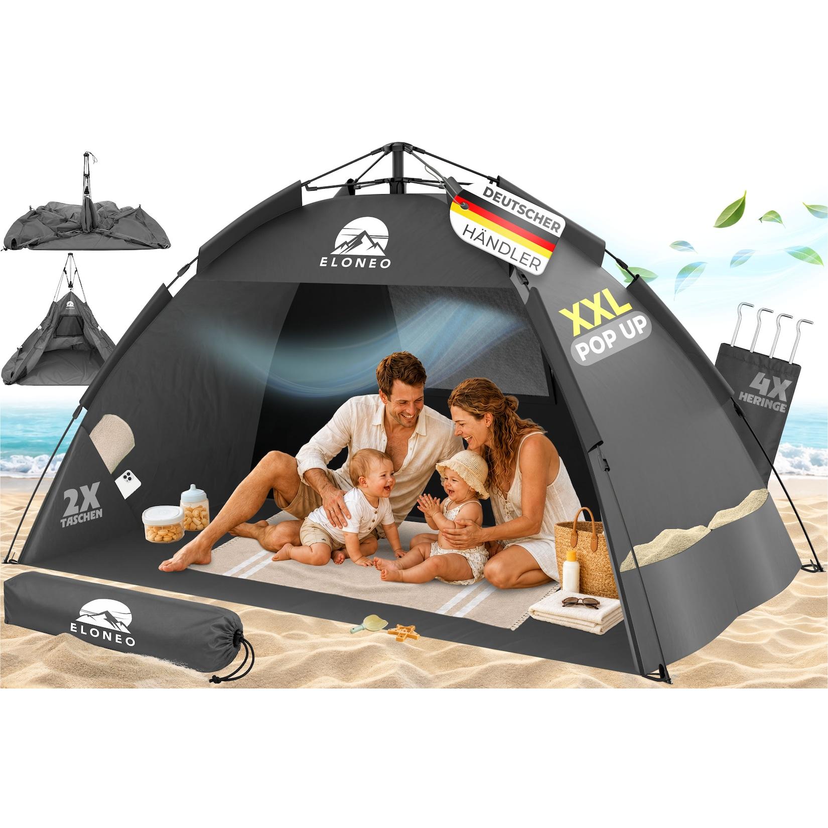 ELONEO Pop Up Strandmuschel UV Schutz 80+, Leichter Aufbau und kleines Packmaß inkl. Tragetasche, Strand Sonnenschutz & Windschutz für Babys und Erwachsene, Grau, 220x150x130 cm