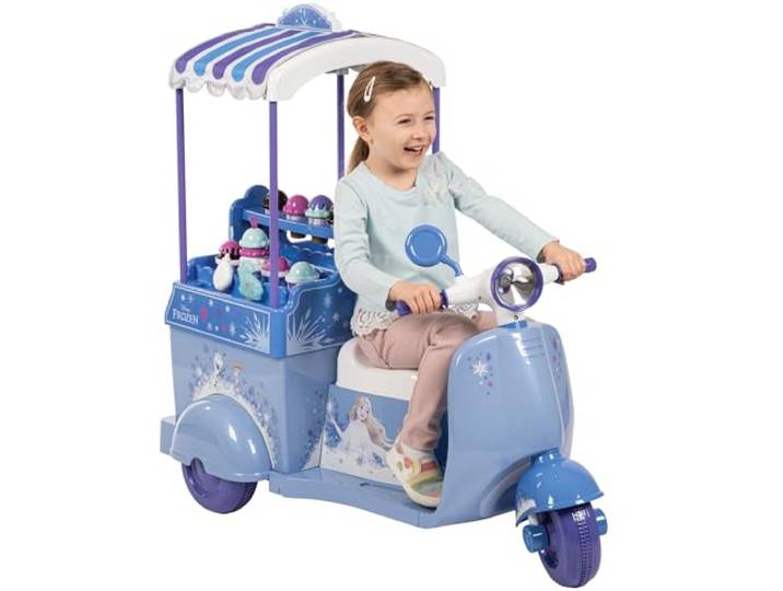 Disney Frozen Ice Cream Cart Motorized Battery Ride-On Moped Toy Bike for Girls with Ice Cream Play Set, Blau