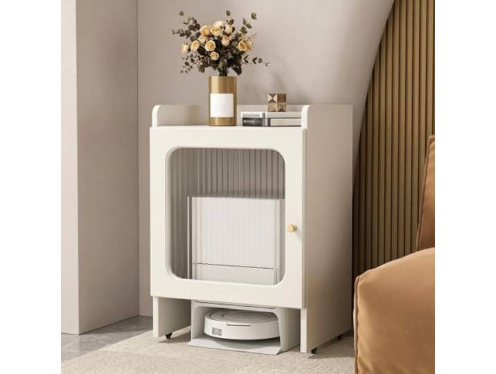 Schrankständer für Saugroboter auf Rollen – kompakter Beistelltisch Aufbewahrungsmöbel für Saugroboter mit Türen – für Wohnzimmer, Esszimmer und Home-Office(White,50 x 40 x 75 cm)