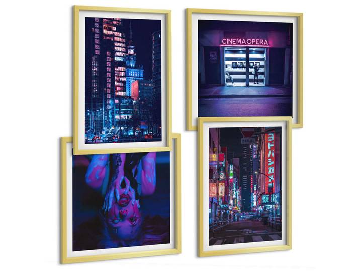 Tulup Bilder SET 4er Set - 50x50 cm & 40x60 cm Goldrahmen - Nachtstadt mit Neonlichtern, Goldfarben, Kunststoff, Rechteckig, 50x50 cm, gerahmt, Bilder & Rahmen, Bilder