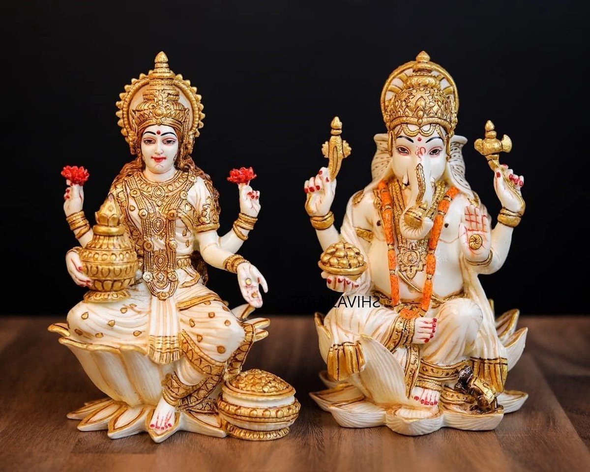 Handgeschilderd Marmeren Lakshmi Ganesh Standbeeld - Wit - Hoogte: 18 cm