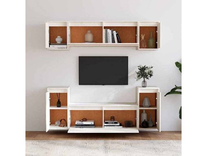Meubles TV - - Lot de 6 - Blanc - 100x30x35 cm - bois de pin massif - Grand espace de rangement 631981