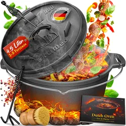 aktimeo Dutch Oven 4,5 Liter – Gusseisentopf mit Deckel aus Gusseisen inkl. Zubehör & Rezeptbuch für Grill, Lagerfeuer, Backofen und Induktion