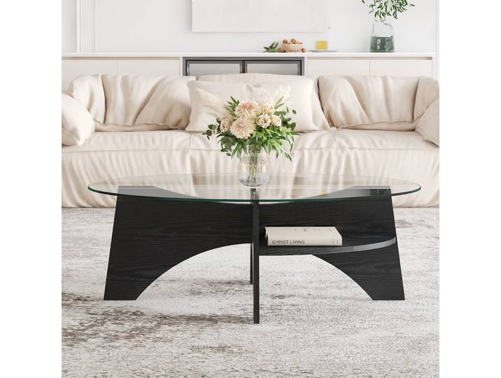 Table d'appoint ovale moderne en verre de sécurité 105x60cm, cadre en MDF en forme d'éventail, noir, minimaliste, pour salon et bureau