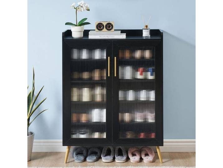 Armoire à chaussures 5 niveaux portes verre organisateur chaussures entrée couloir salon noir