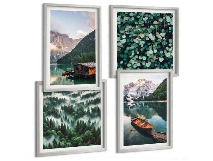 Tulup Bilder SET 4er Set - 50x50 cm & 40x60 cm Silberner Rahmen - Nebel auf dem Bergsee, Bootsfahrten, Nebel, Silberfarben, Kunststoff, Rechteckig, 50x50 cm, gerahmt, Bilder & Rahmen, Bilder