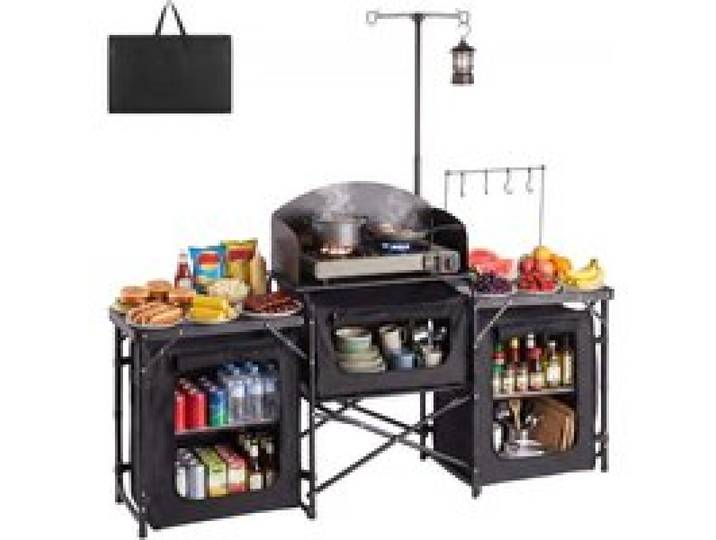VEVOR Cuisine de Camping Pliable Table de Camping Portable avec 3 Armoires, Meuble de Rangement pour Pique Nique, Barbecue, Voyage, Avec Tables Latérales, Pare-vent Amovible et Sac de Transport
