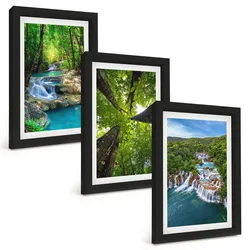 BILDER SET 3er Set - 20x30 cm Schwarzer Rahmen - Wasserfälle grüner Wald Wasser