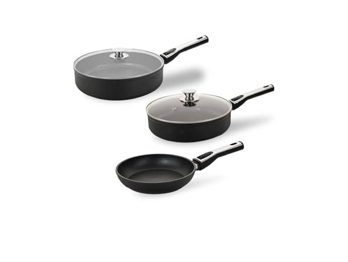 Genius Cerafit Plasma Pfannen Set 5 tlg, Hochrandpfanne, Keramik antihaft Beschichtung, Bratpfanne, abnehmbare Griffe, Glasdeckel, backofengeeignet