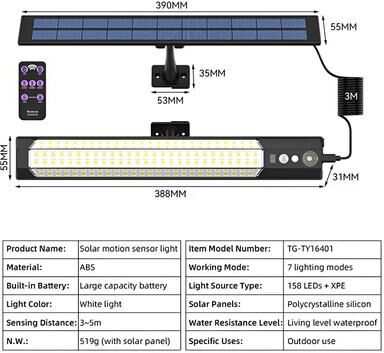 Inspired Finds Solar 316 158LED Motion Sensor Outdoor Wall Mount LED Security Light Waterproof For Garden Fence Yard Camping 1 In 1 158led