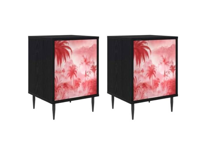 Tmriohed Nachttisch 2er Set Schwarz Eichen-Optik 36x33x51 cm Zwei Beistelltische fürs Schlafzimmer mit Türen, verziertem Muster und erhöhten Füßen für optimale Raumnutzung.