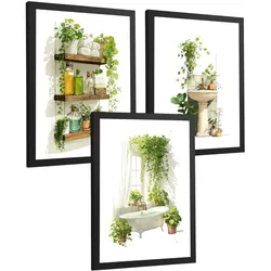 POSTER 3er-Set dekorative Badezimmerbilder, Wanddeko, im botanischen Stil, für Toilette, grüne Pflanzen Schwarzer Rahmen A3
