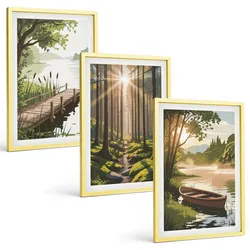 BILDER SET 3er Set - 40x60 cm Goldrahmen - Landschaft aus Wald, See und Boot