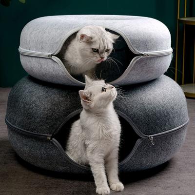 PetsAreLife "Donut Cat Bed Interactive Tunnel, Felt Pet Toy For Kittens And Cats grey 23.6"" 10.6"""
