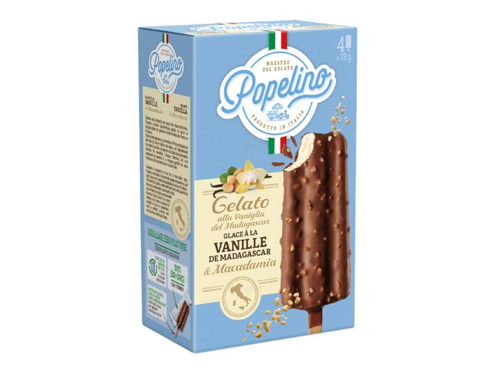 POPELINO Bâtonnets glacés à la vanille de Madagascar, Enrobage au chocolat au lait, Paquet de 4, 312 g
