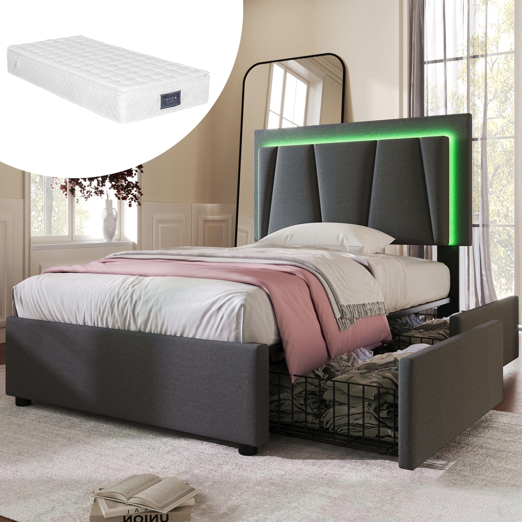 Polsterbett mit LED-Beleuchtung und 2 Schubladen,Höhenverstellbarem Kopfteil,Einzelbett 90x200cm Stauraumbetten Bettgestell,(Mit Matratze)