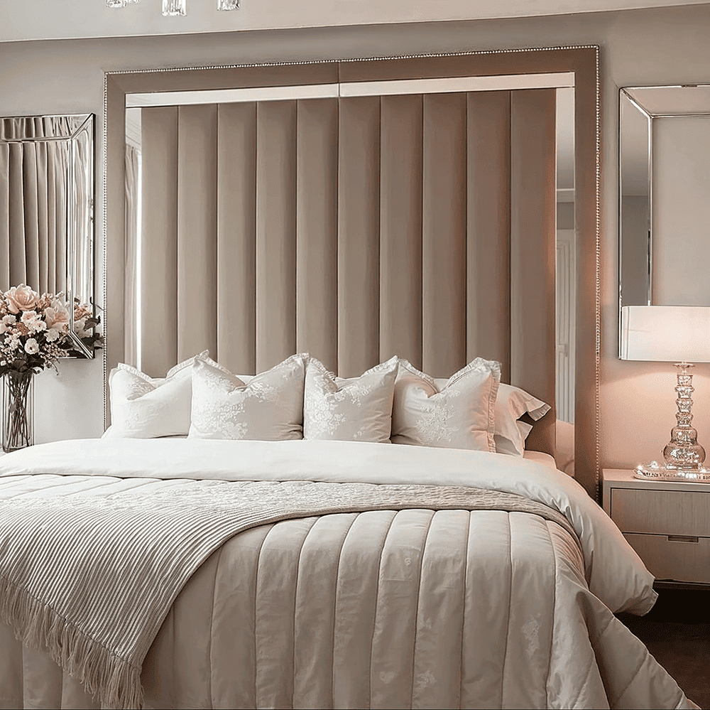 Chelsea Mink Mirrored Studded Premium Channelled Headboard, Super King