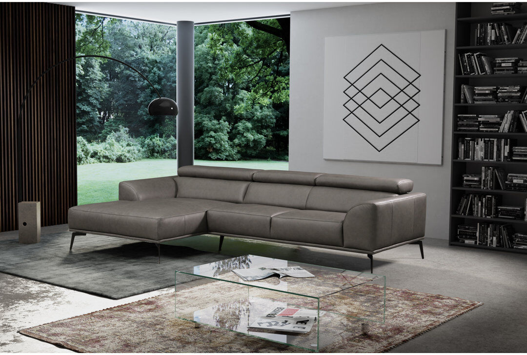 Ivy Bronx Blagovesta Genuine Semi-Aniline Leather Corner Sofa with Upholstered Frame Stone 92cm H X 283cm W X 173cm D