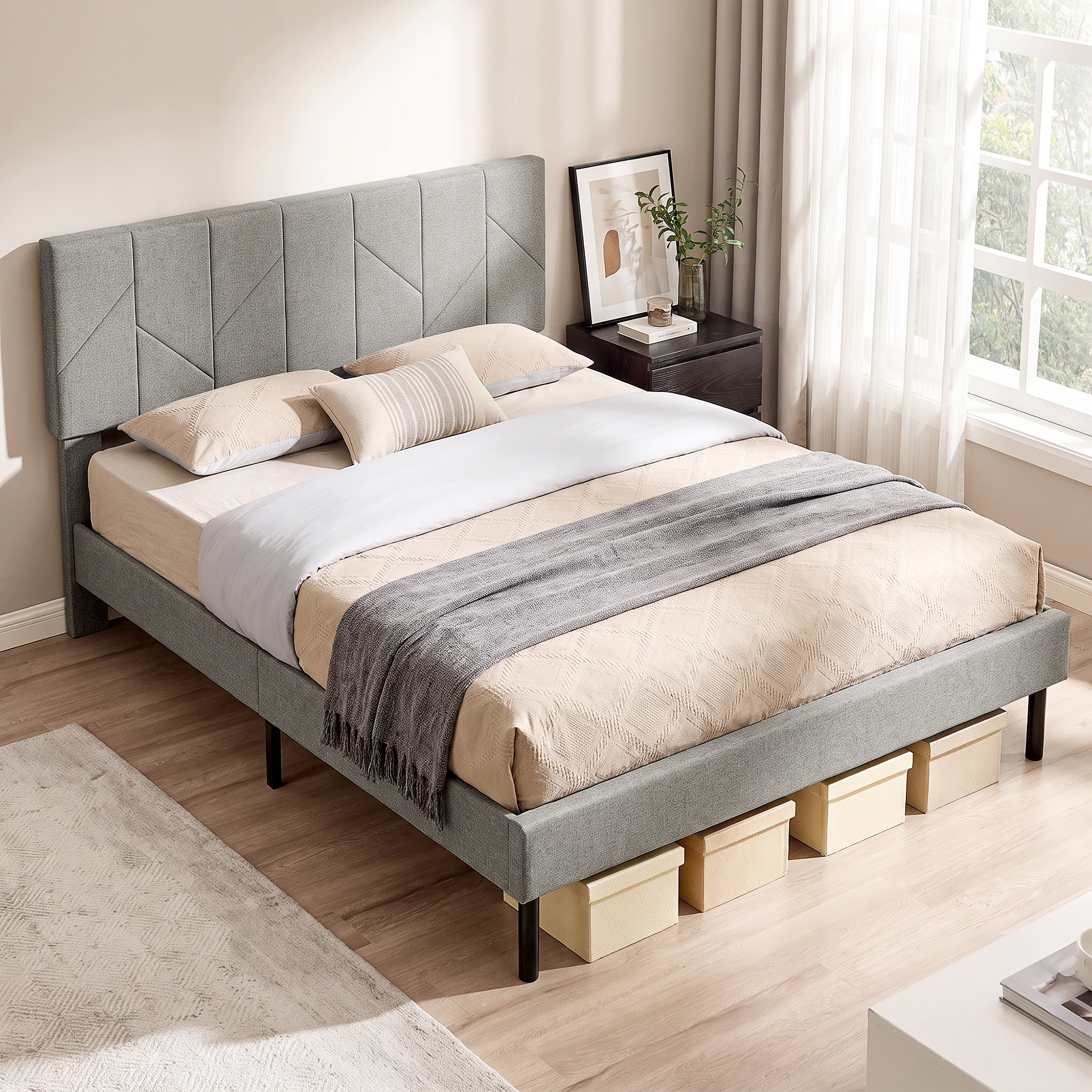 Homcom Struttura letto matrimoniale in tessuto 140x190 cm con testiera regolabile, grigio   Aosom Italy