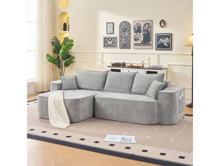 Canapé d'Angle Modulaire 2 Pièces Assise Profonde sans Montage - YEAVIO - Méridienne Flexible Chenille Gris 262 cm