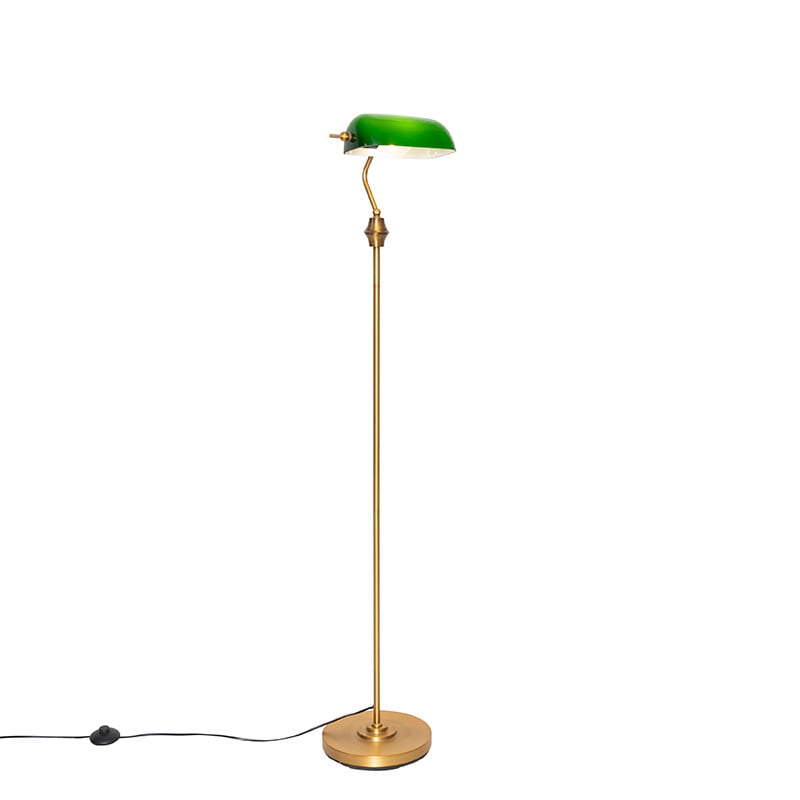 Qazqa Klassieke Banker vloerlamp brons met groen glas