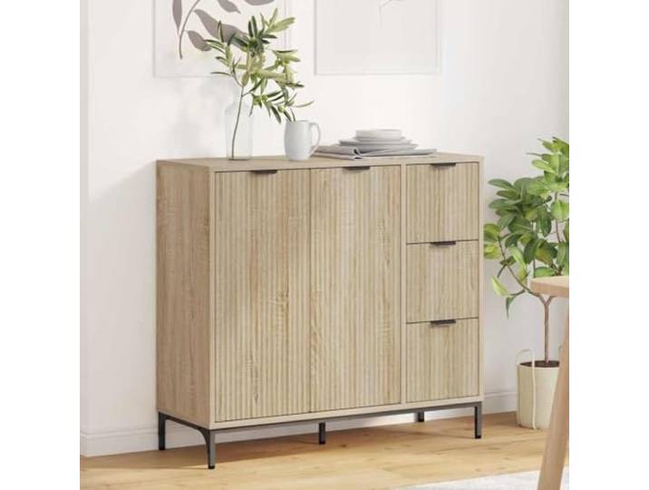 HEFZGDB Sideboard aus Holzwerkstoff für Wohnzimmer mit Wandbefestigung gegen Umkippen, modernes Sideboard mit Schubladen und Scharniertüren in Sonoma-Eiche, praktischer