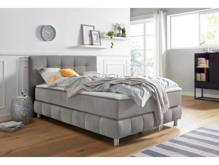 Boxspringbett, Struktur (100% Polyester), Grau, 134×211 cm, Mit Topper, Modern, ANDAS