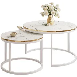 COUCHTISCH Set SOLEIL 2in1, rund, Weiß Marmor-Optik und Weiß Gestell