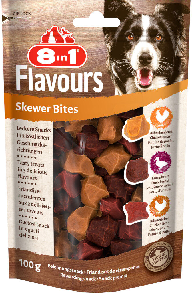 100 gr 8in1 Flavour Skewer Bites Snack Premio Ricompensa Bocconcini di Spiedino con Petto d'Anatra di Pollo e Fegato per Cani di Tutte le Taglie