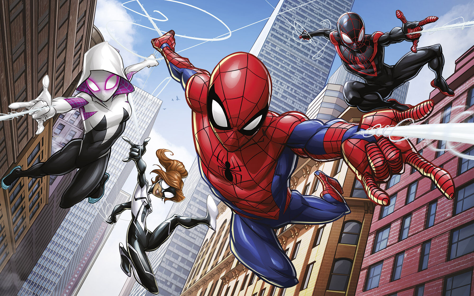 Kindertapete KOMAR "Marvel Spider-Man Swinging Crew", bunt, B:400m H:250m, Vlies, Tapeten, Kindertapete bunt B/L: 400m, Rollen: 1