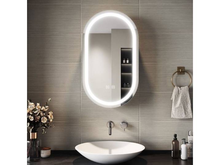 SIRHONA Armoire Miroir Salle de Bain Elliptique Noir 40x70x14cm Anti-buée Tactile Miroir avec Armoire de Rangement