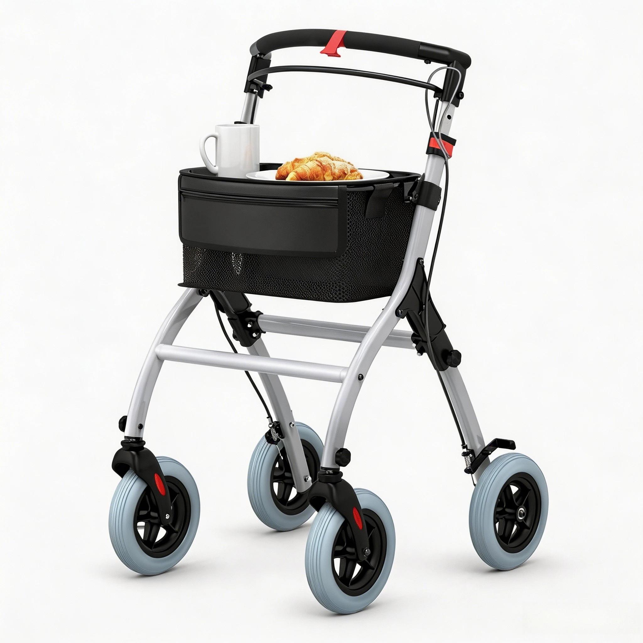 Schmaler Indoor Rollator - Wohnungsrollator - Faltbar - Extra leicht 7,8 kg - Leise rutschfeste Räder - Ablagetablett für Senioren - Elfenbein