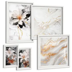 BILDER SET 5er Set - 50x50 cm & 20x30 cm & 40x60 cm Weißer Rahmen - Bilder mit blau-goldenen Mustern