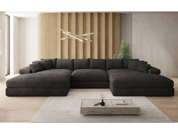 Designer Sofa Bernardo U mit breiter Ottomane in Cord - Schwarz - Cord - Luxusbetten24