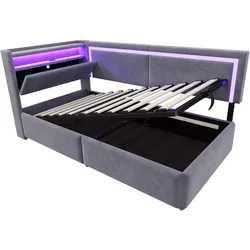 STILVORA Schlafsofa aus Samt Grau 90x200 cm mit Stauraum, LED und USB