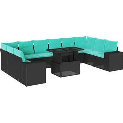 vidaXL 11-teiliges Gartensofa-Set mit Kissen, schwarzes Polyrattan
