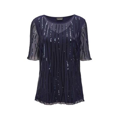 Langarm-Poloshirt GOLDNER "Kurzgröße Mesh-Shirt mit integriertem Jerseytop", Damen, Gr. 23, blau (mitternachtsblau, bestickt), Obermaterial: 90% Polyamid PA. 10% Elasthan EL., festlich, U-Boot-Ausschnitt, Rollkante, Shirts, Vorder- und Rückteil...