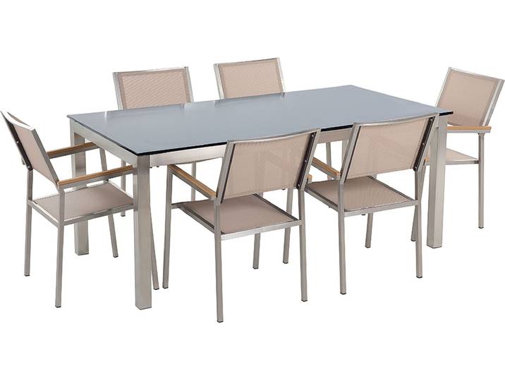 BELIANI Gartenmöbel Set Schwarz Beige Sicherheitsglas Edelstahl Tisch 180 cm 6 Stühle Terrasse Outdoor Modern