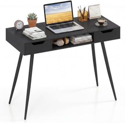 "Costway 42.5"" Mid Century Modern Writing Desk with Metal Leg and Drawers-Black"