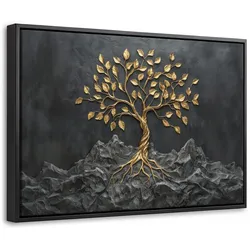 LEINWAND Bilder mit Rahmen - Blätter - Gold - Baum - Fels - 30x20