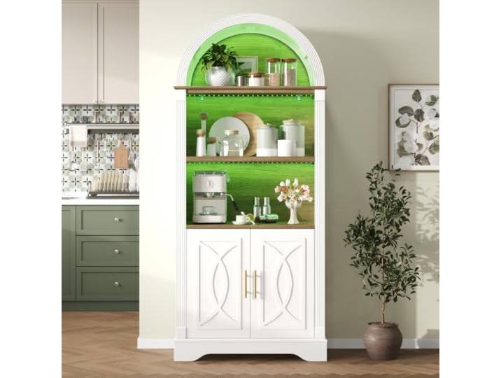 Weiß Bogen Vitrinenschrank Highboard mit LED verstellbar, 180cm Gewölbter Küchenschrank mit 3 Offenen Fächern, Türfach, römischen Säulen & Licht – ideal als vitrinenschrank wohnzimmer