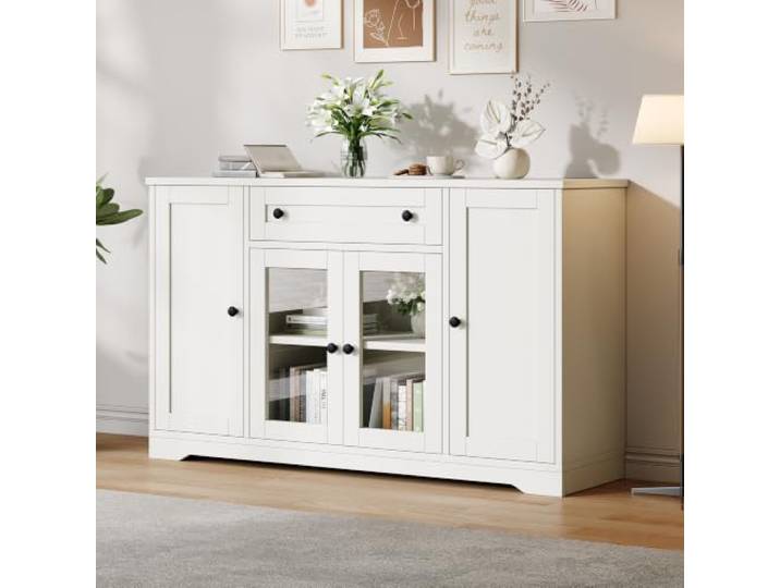 BXEYXE Modernes weiß Sideboard mit 4 Türen, mit 2Glastür und Schwarzem, Rundem Griff, 1 Schublade,Multifunktionaler Aufbewahrungsschrank, Wohnzimmer esszimmer Schrank,Eingangshalle,Weiß,138x40x83cm