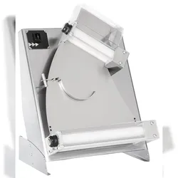 Edelstahl-Pizzaausroller mit geneigten Rollen und Fußpedal. Rollenspalt 0–5 mm. Pizzadurchmesser 26–40 cm. 58,5x43,5x79 cm