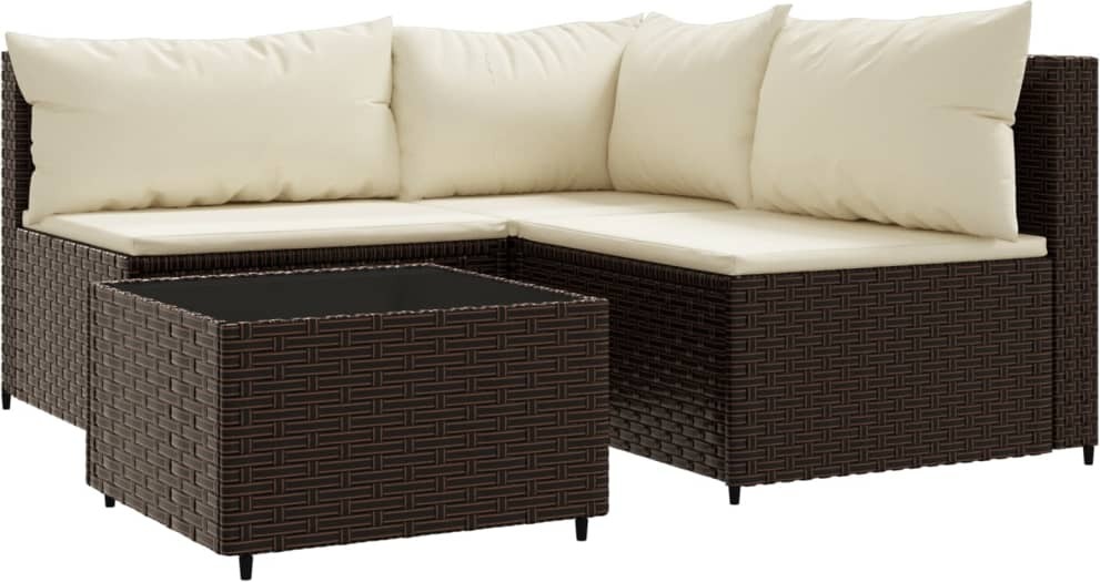 4-tlg. Garten-Lounge-Set mit Kissen Braun Poly Rattan