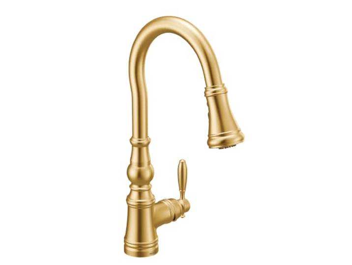 Moen S73004BG Weymouth Schäferhaken Pulldown Küchenarmatur mit Metallstab mit Power Boost, gebürstetes Gold