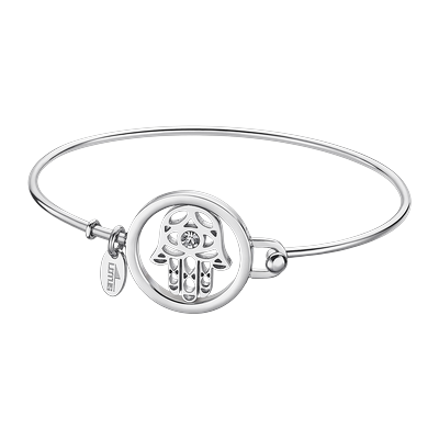 Armreif LOTUS "Essentials - Hamsa Fatima's Hand", edelstahlfarben, kristallweiß, kristallweiß, Armbänder, Damen, Edelstahl, Armreif, mit Glasstein