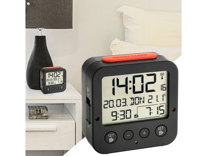 Digitaler Funkwecker mit Thermometer, Datum, 2 Weckzeiten, schwarz